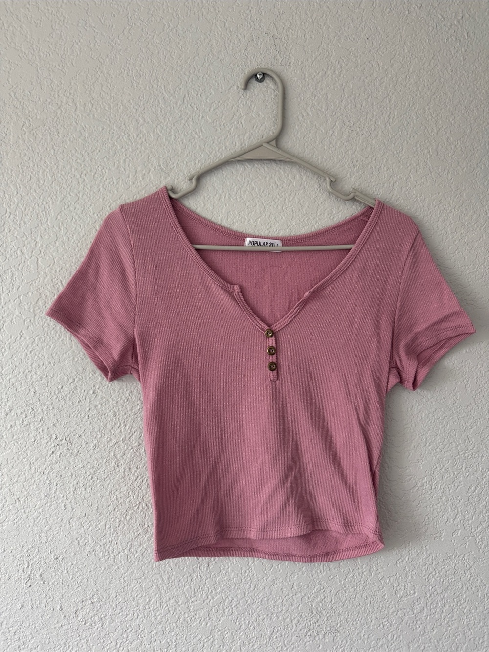 Pink Ribbed Henley Crop Top